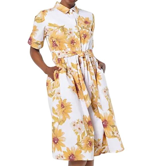 Jason Wu PETITE Golden Yellow Sunflower Print Belted Fit & Flare Shirt Dress - Picture 1 of 14